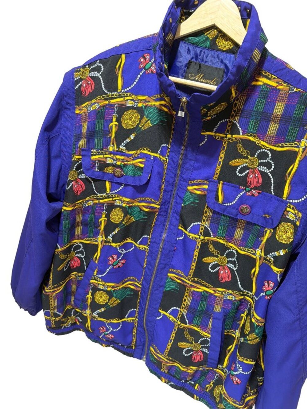 Mureli Vintage 80s Purple Baroque Chain & Plaid Print Convertible Windbreaker Bo